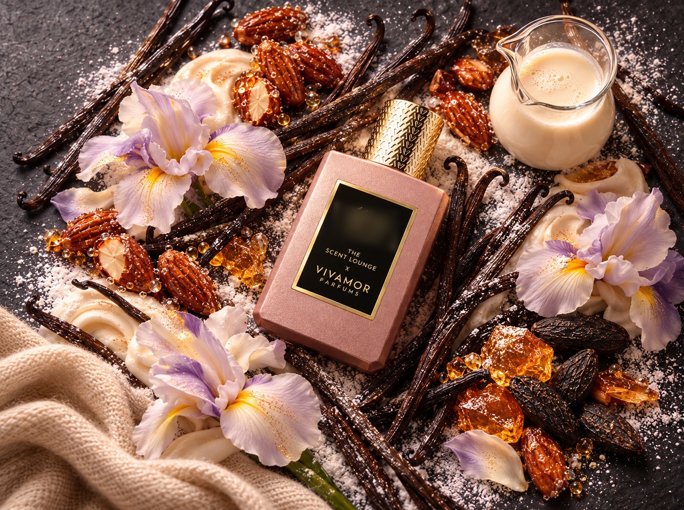 The Scent Lounge × Vivamor Parfums bottle surrounded by vanilla pods, iris, almonds and amber