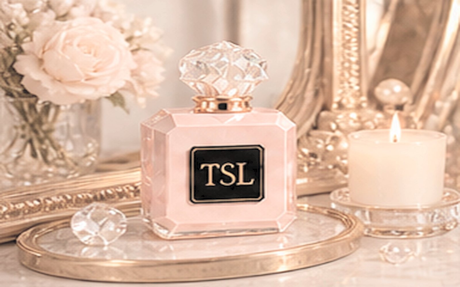 The Scent Lounge bottle on a vanity tray with roses, a candle and a gold mirror